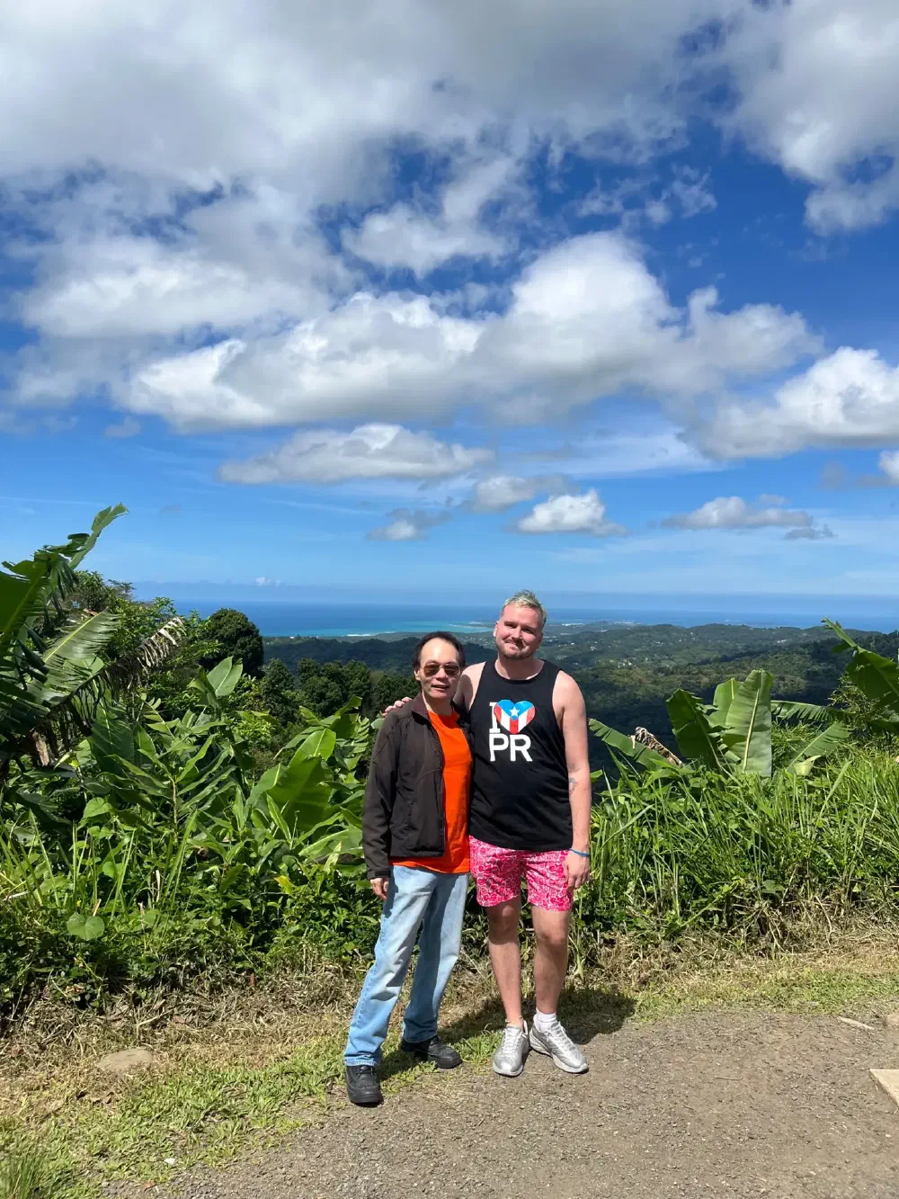 Two men posing at a scenic tropical overlook