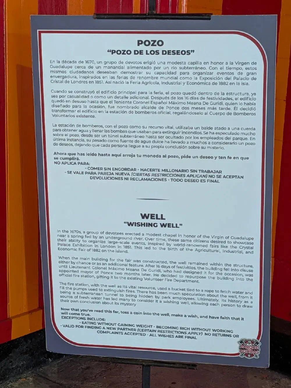 Pozo de los Deseos — the Wishing Well plaque